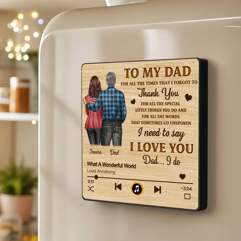 Personalized Acrylic Music Magnet Play Button Style, Hugging Couple Back View, Thank You Dad Message, Unique Gift for Dad - Image 2