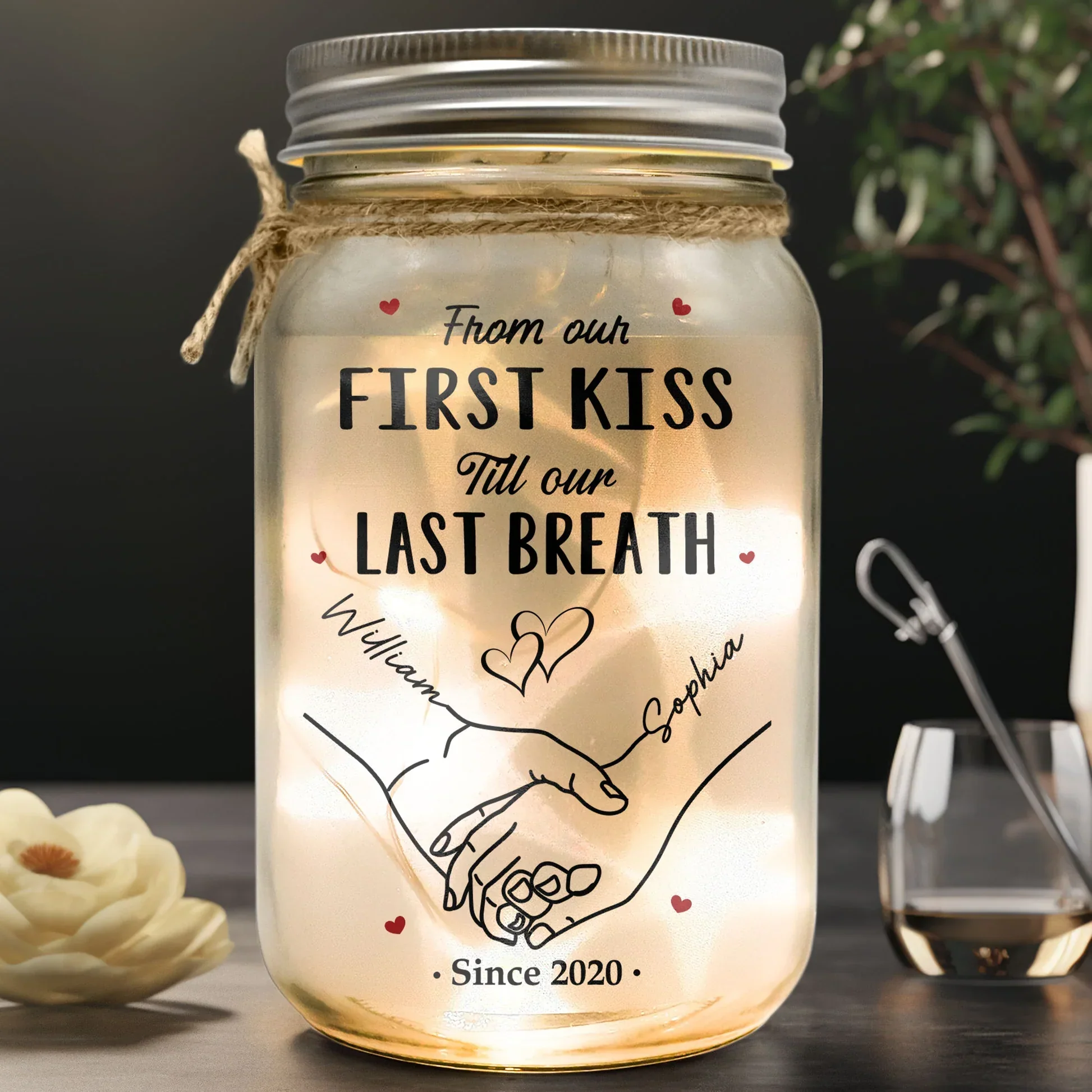 Personalized Glass Mason Jar Light Holding Hands Love Quote Decor - Unique Romantic Gift for Couples - Image 3