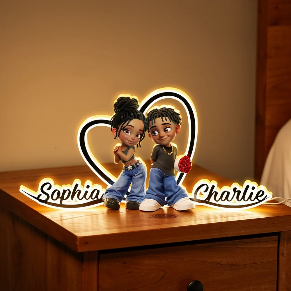 Personalized Couple Heart Acrylic Light Box, Y2K Cartoon Look for Bedroom Shelf Decor, Unique Romantic Gift for Him or Her