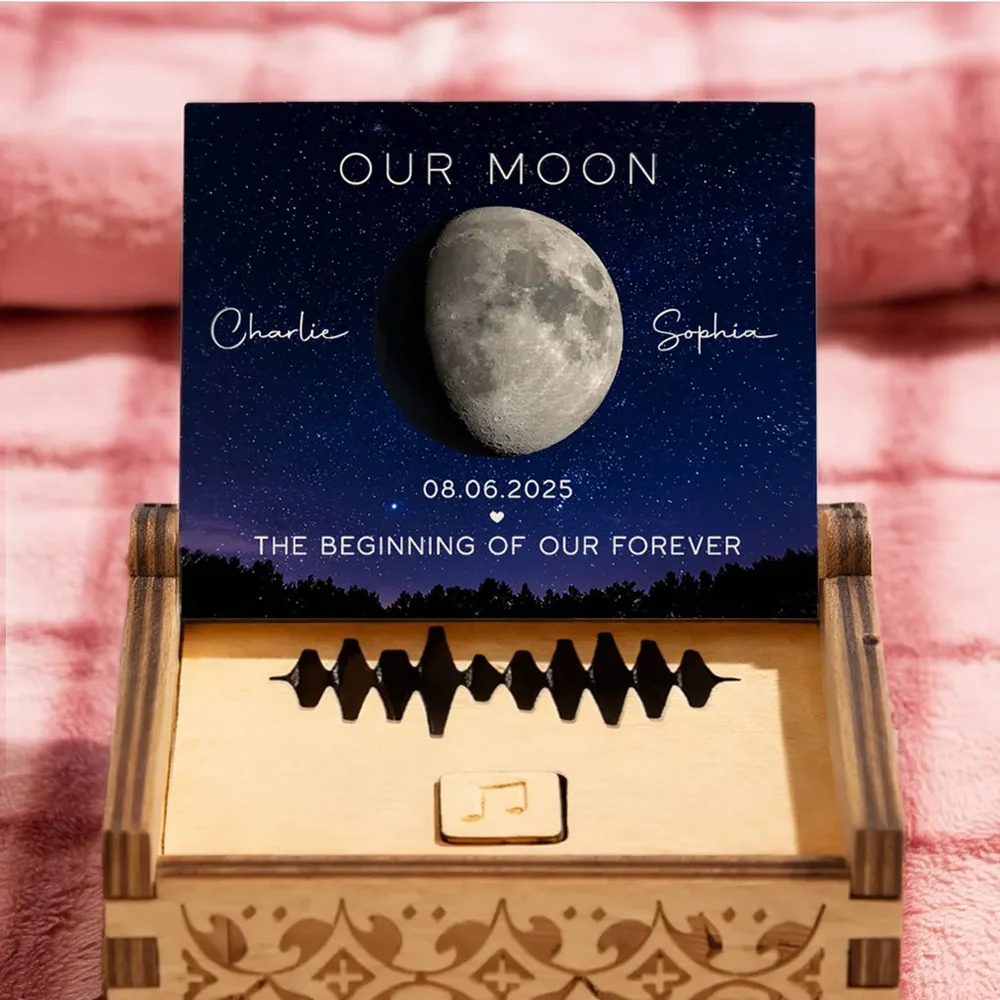 Personalized Moon Phase Wooden Music Box with Your Song, Starry Night Keepsake, Unique Romantic Gift for Couples