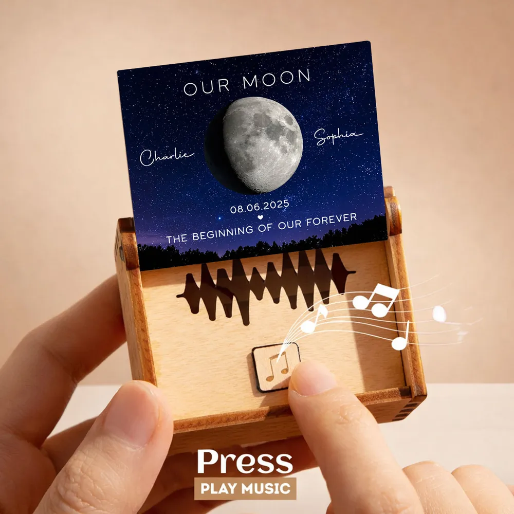 Personalized Moon Phase Wooden Music Box with Your Song, Starry Night Keepsake, Unique Romantic Gift for Couples - Image 2