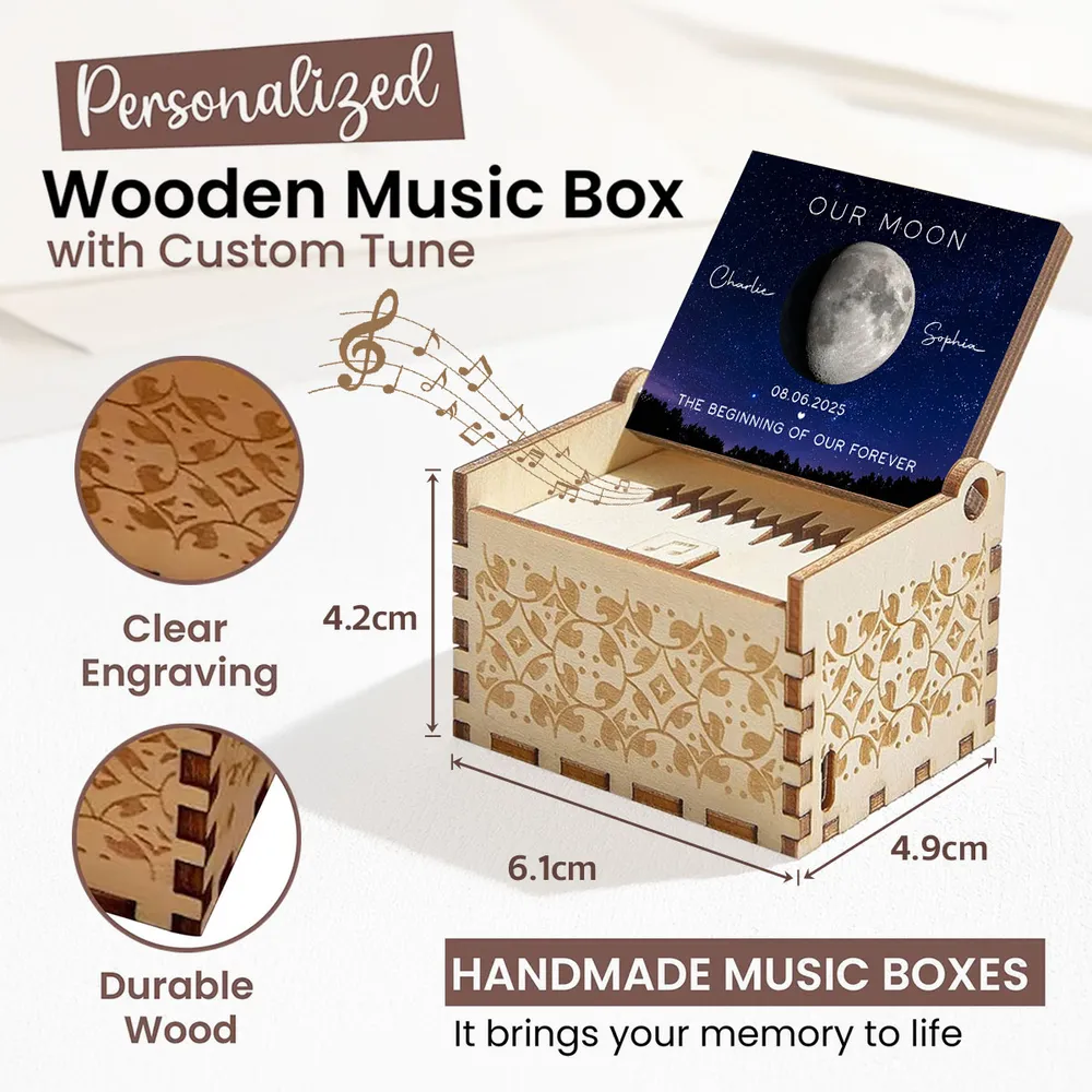 Personalized Moon Phase Wooden Music Box with Your Song, Starry Night Keepsake, Unique Romantic Gift for Couples - Image 4