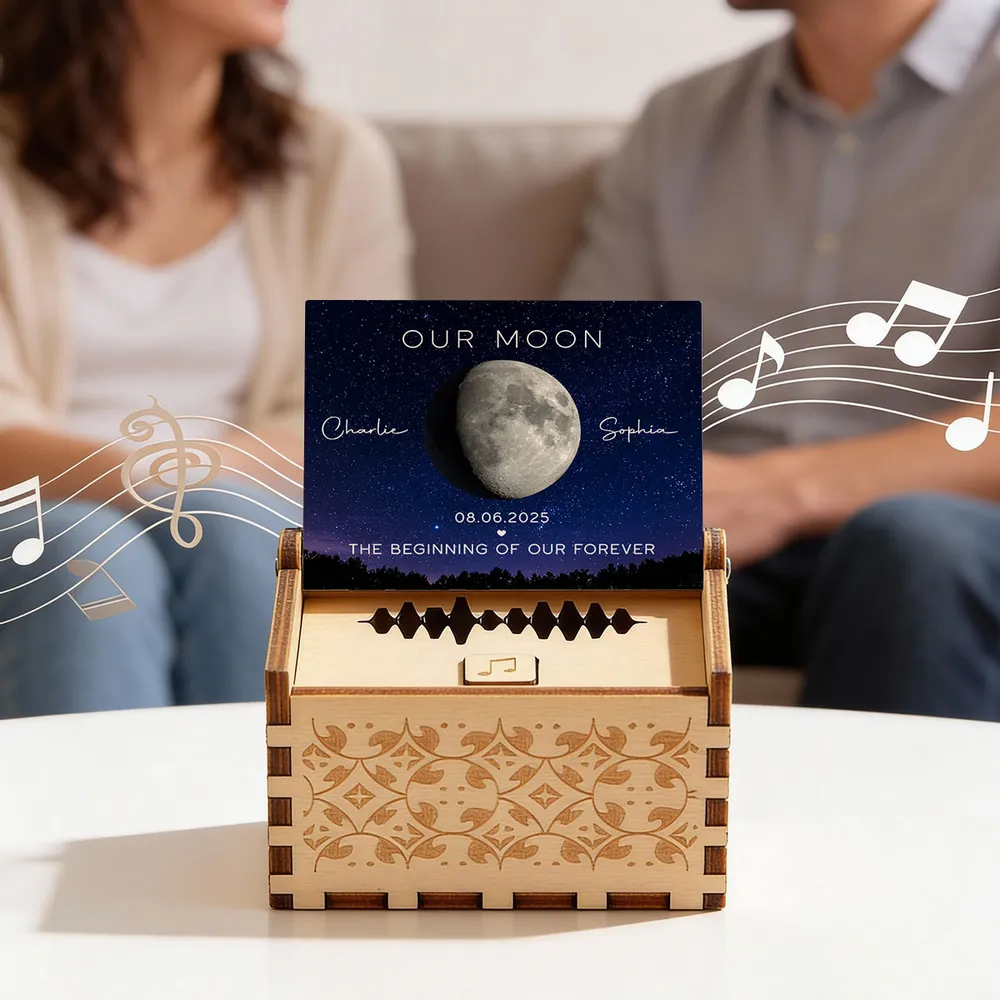 Personalized Moon Phase Wooden Music Box with Your Song, Starry Night Keepsake, Unique Romantic Gift for Couples - Image 8