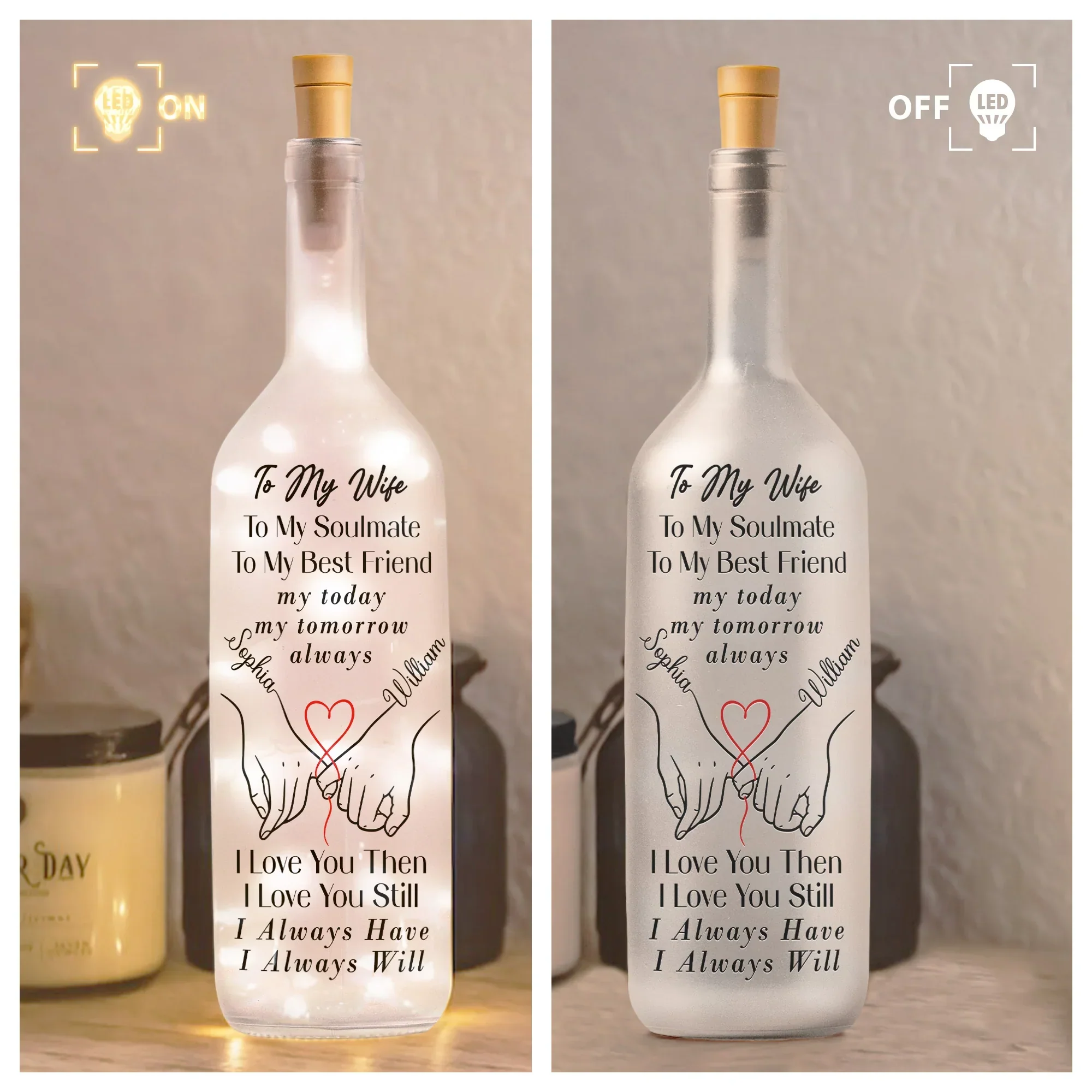 Personalized Bottle Lamp for Wife with Love Quote and Holding Hands Design, Warm Glow Bedroom Decor, Unique Romantic Gift - Image 3