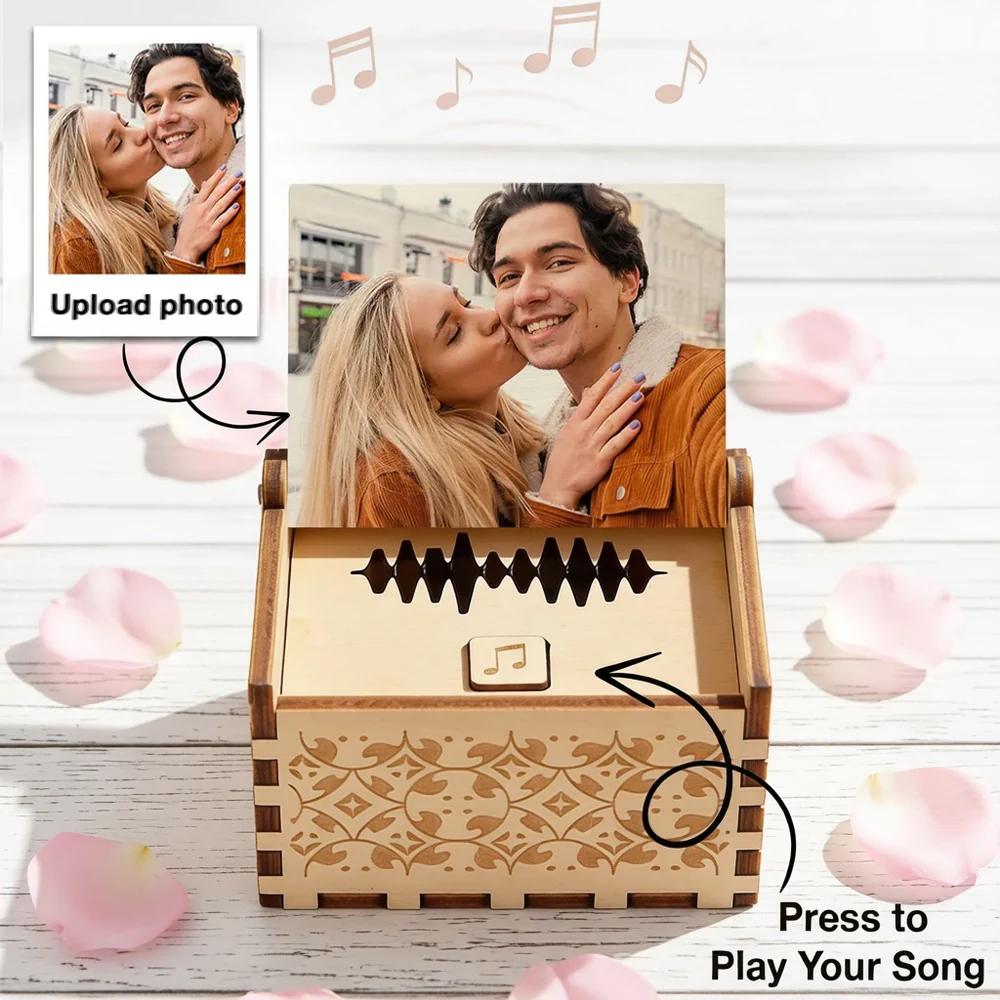 Personalized Wooden Music Box With Your Photo And Song - Romantic City Kiss Keepsake, Unique Gift For Couples