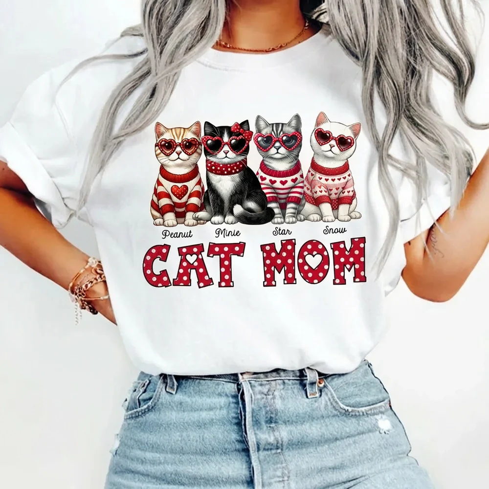 Cat Mom Classic Tee Personalized with Your Cats' Look, Sweet Heart Theme Shirt, Thoughtful Unique Gift for Her