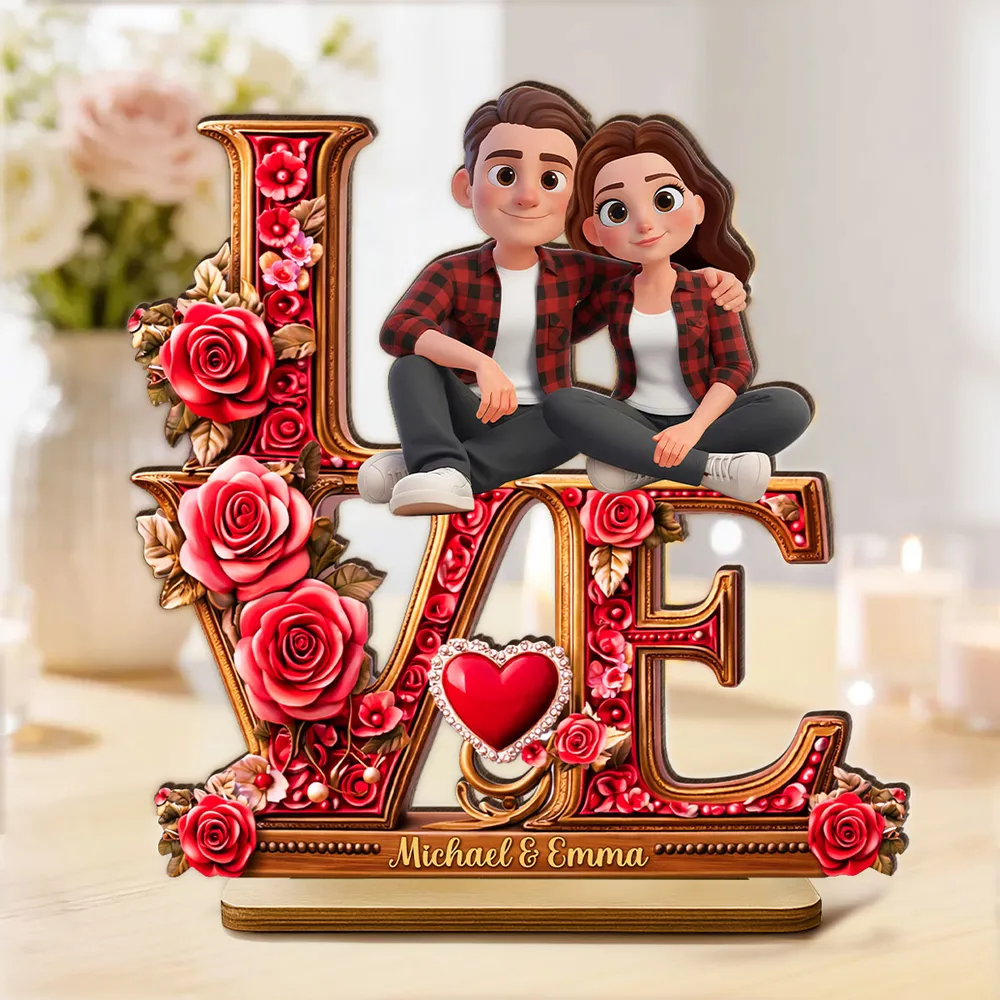 Personalized 2-Layer Wooden Plaque with Cartoon Couple Sitting on LOVE Roses - Unique Romantic Gift for Her or Him - Image 2