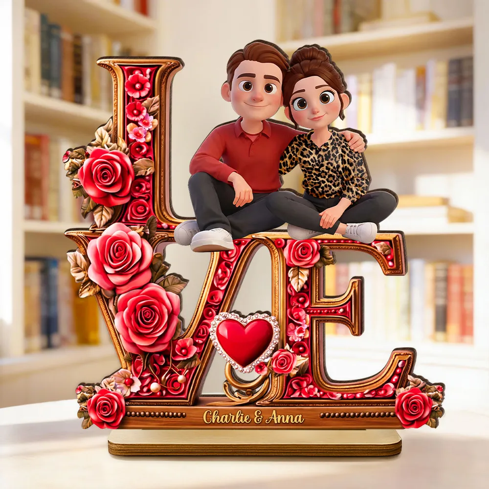 Personalized 2-Layer Wooden Plaque with Cartoon Couple Sitting on LOVE Roses - Unique Romantic Gift for Her or Him - Image 3
