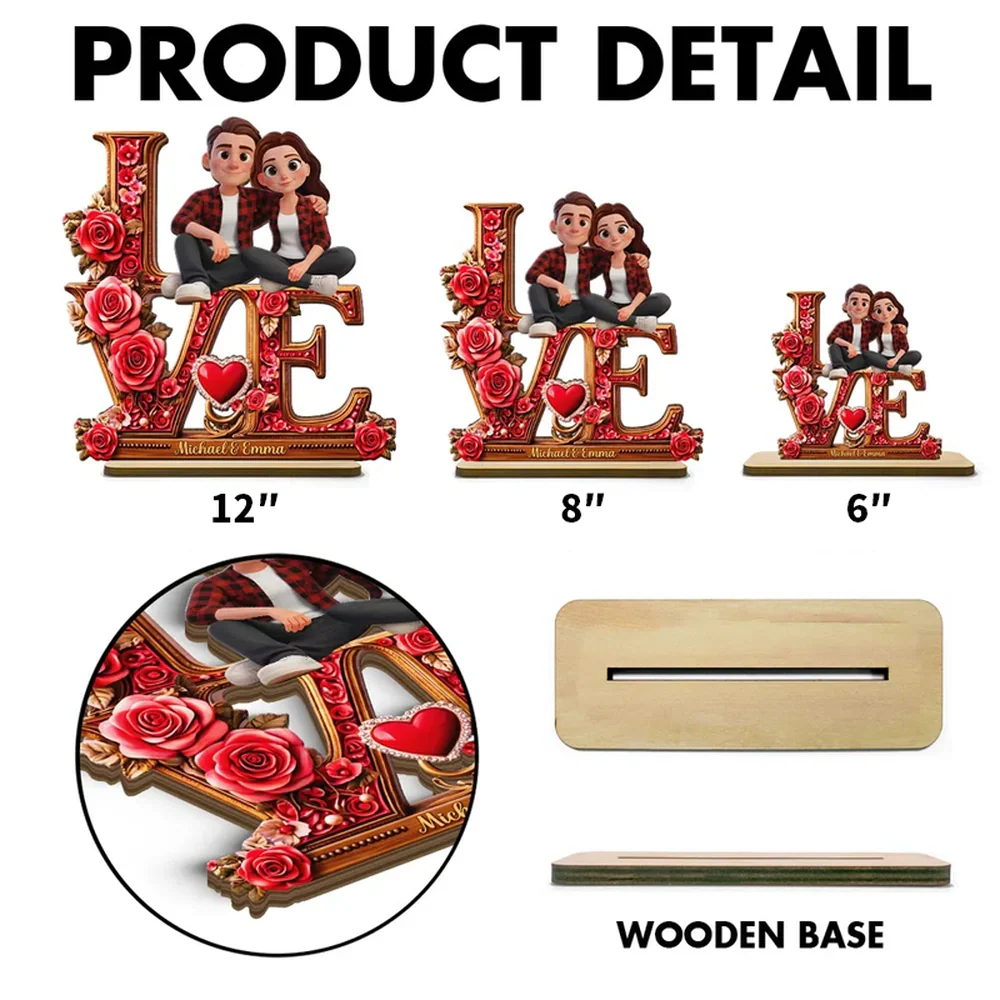 Personalized 2-Layer Wooden Plaque with Cartoon Couple Sitting on LOVE Roses - Unique Romantic Gift for Her or Him - Image 4