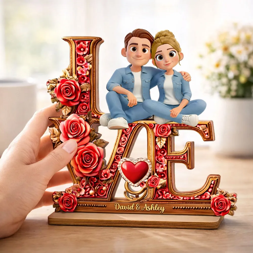 Personalized 2-Layer Wooden Plaque with Cartoon Couple Sitting on LOVE Roses - Unique Romantic Gift for Her or Him - Image 7
