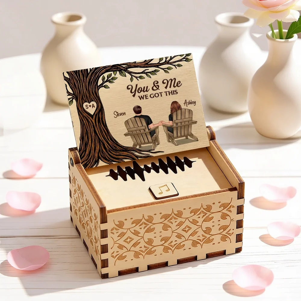 Personalized Wooden Music Box with You & Me Couple Under Tree Scene, Sweet Romantic Keepsake, Unique Gift for Couples
