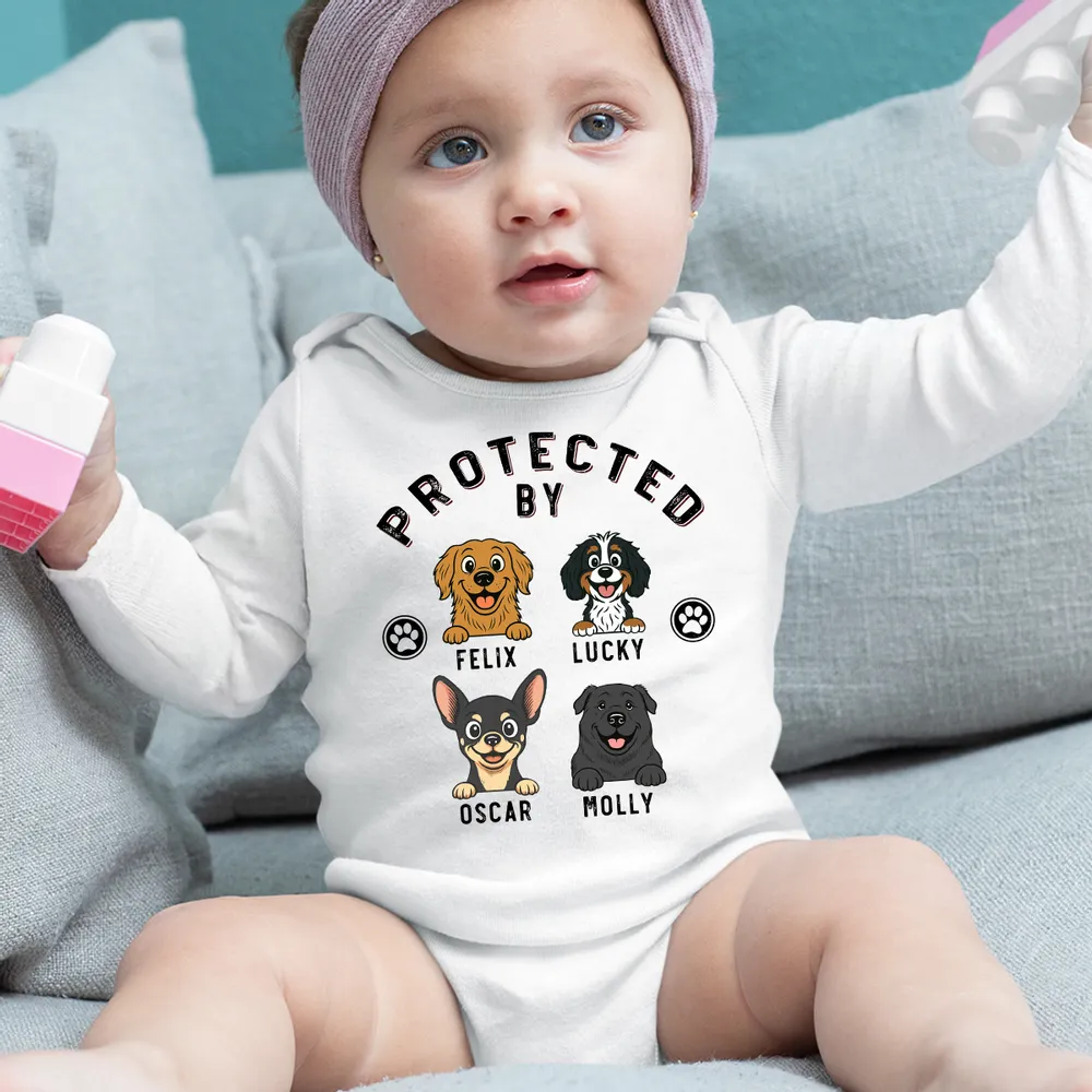 Personalized Protected By Dog Long Sleeve Baby Onesie Cute Cartoon Pup & Paw Prints Unique Baby Gift - Image 5