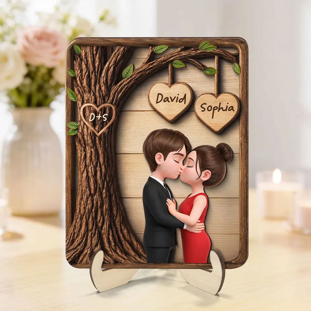 2-Layer Wooden Plaque Personalized Love Keepsake, Kissing Couple with Hanging Heart Names, Sweet Home Display and Creative Gift - Image 2