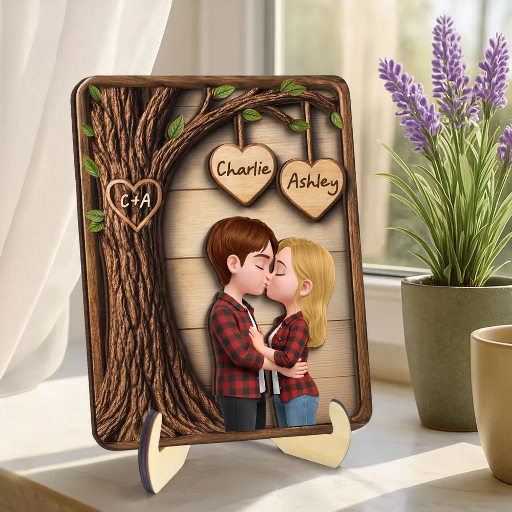 2-Layer Wooden Plaque Personalized Love Keepsake, Kissing Couple with Hanging Heart Names, Sweet Home Display and Creative Gift - Image 5