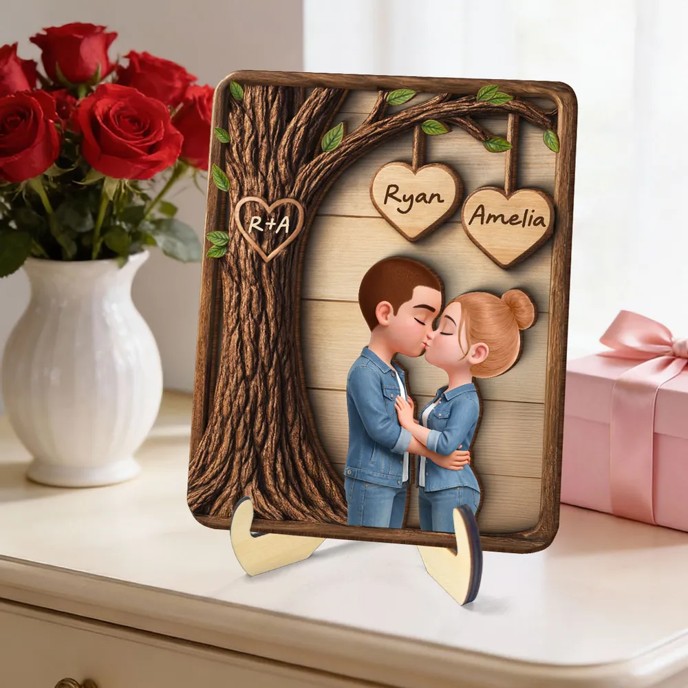 2-Layer Wooden Plaque Personalized Love Keepsake, Kissing Couple with Hanging Heart Names, Sweet Home Display and Creative Gift - Image 6