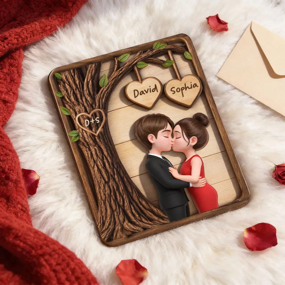 2-Layer Wooden Plaque Personalized Love Keepsake, Kissing Couple with Hanging Heart Names, Sweet Home Display and Creative Gift - Image 7