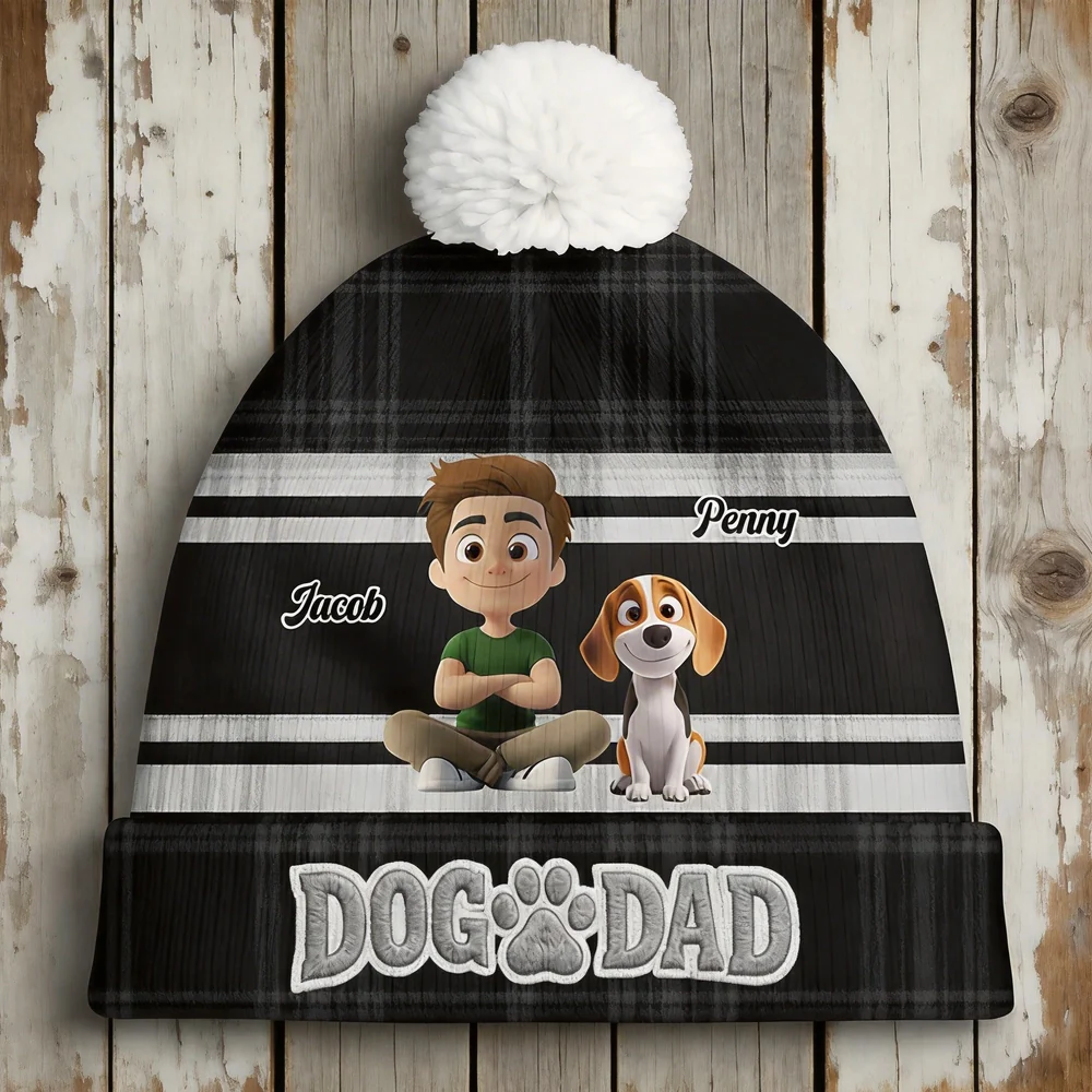 Dog Dad Bobble Beanie Hat, Custom Cartoon Owner Sitting with Pup on Black Plaid, Cozy Everyday Gift