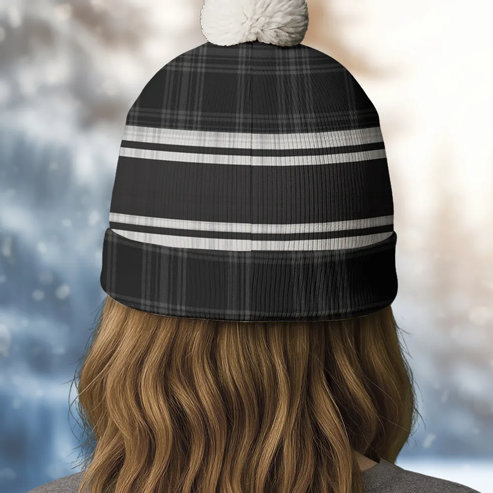 Dog Dad Bobble Beanie Hat, Custom Cartoon Owner Sitting with Pup on Black Plaid, Cozy Everyday Gift - Image 2