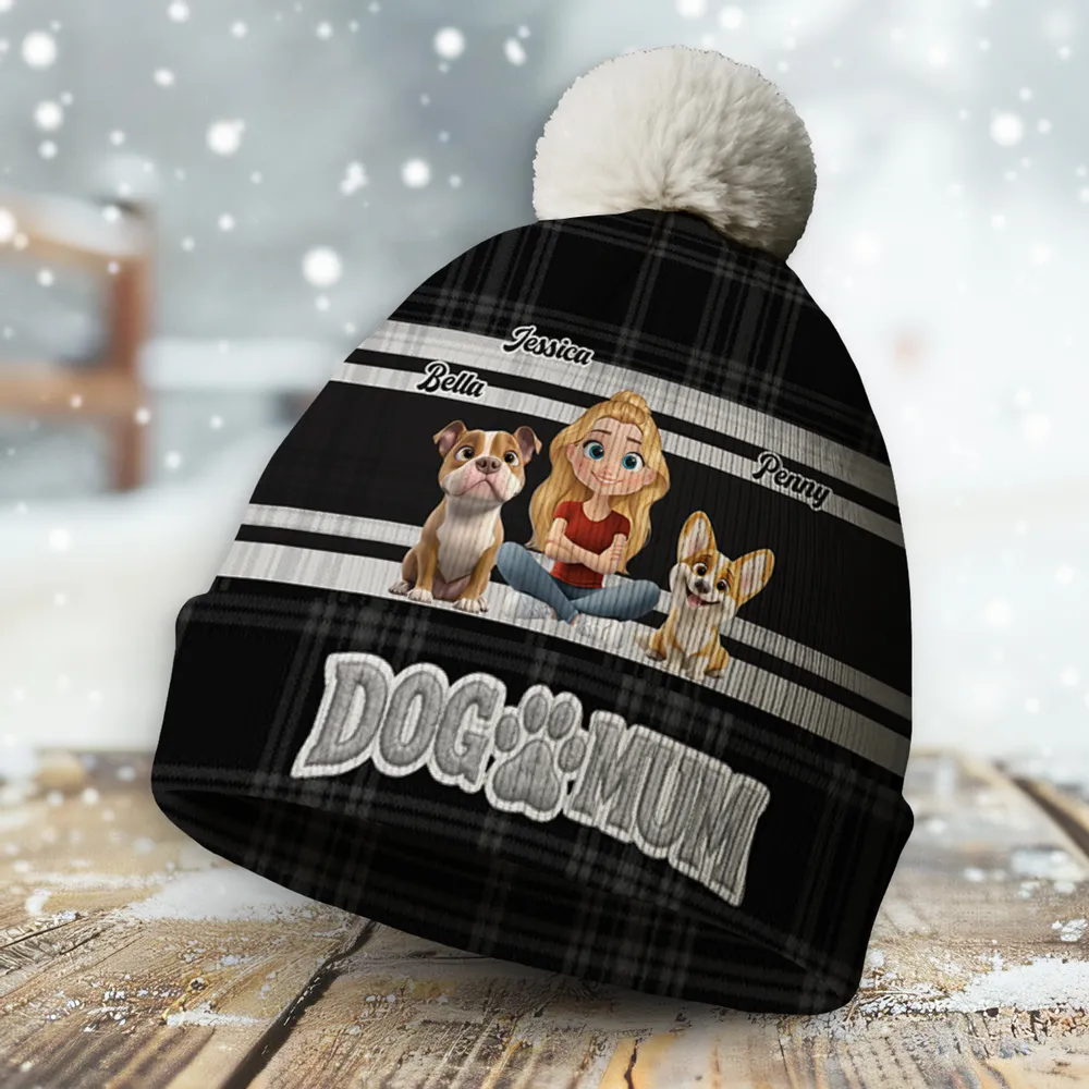 Dog Dad Bobble Beanie Hat, Custom Cartoon Owner Sitting with Pup on Black Plaid, Cozy Everyday Gift - Image 3