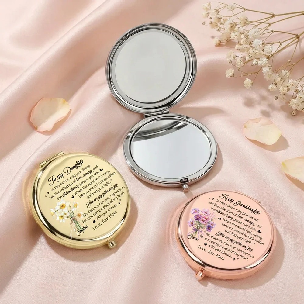 To My Daughter Personalized Metal Compact Mirror, Sweet Encouraging Note with Floral Design, Unique Gift She'll Carry Daily
