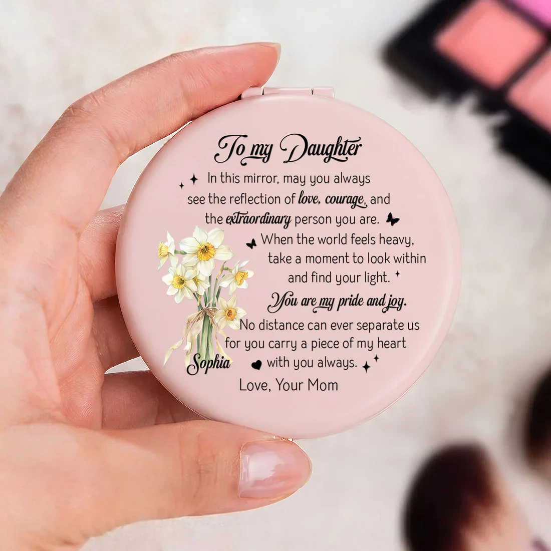 To My Daughter Personalized Metal Compact Mirror, Sweet Encouraging Note with Floral Design, Unique Gift She'll Carry Daily - Image 2
