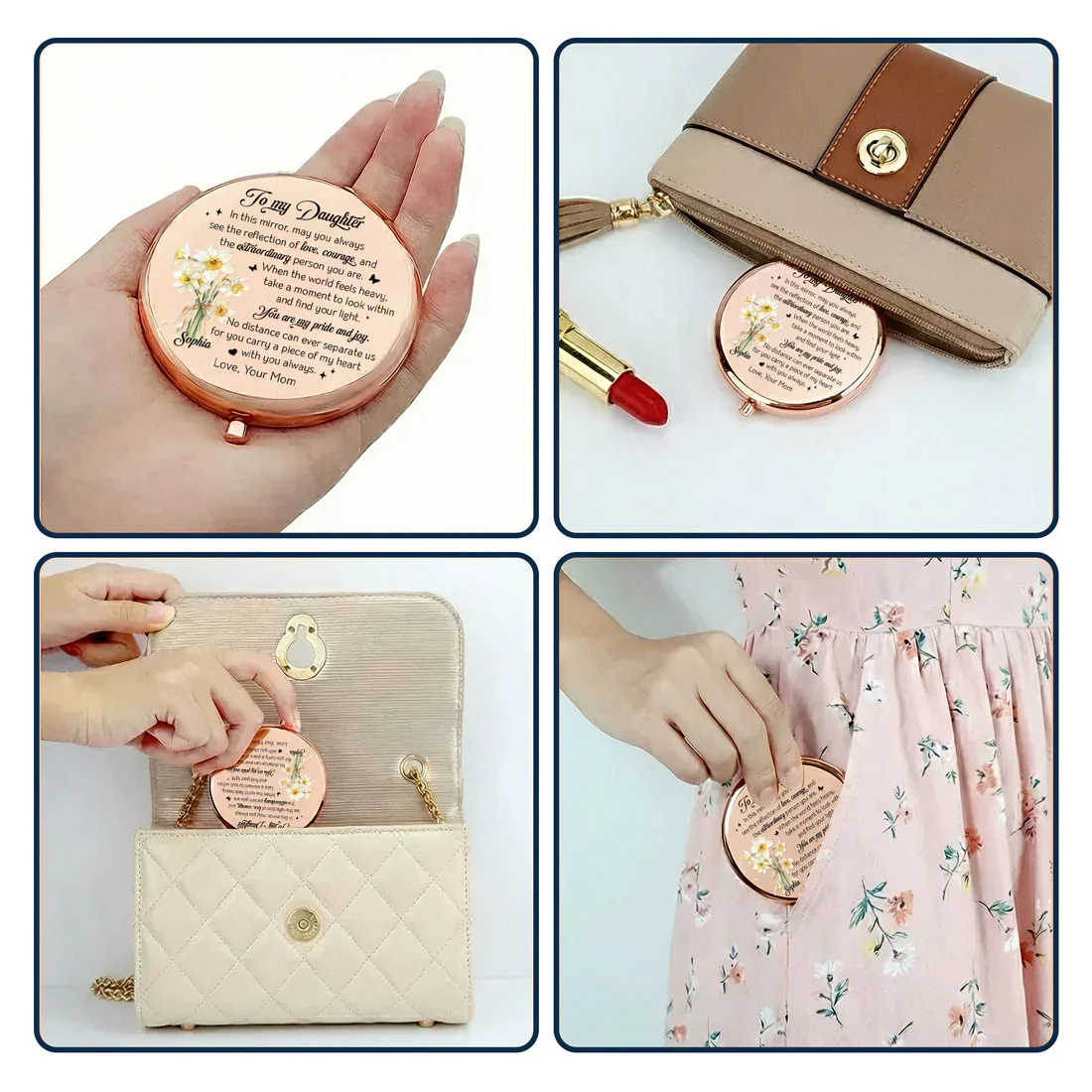 To My Daughter Personalized Metal Compact Mirror, Sweet Encouraging Note with Floral Design, Unique Gift She'll Carry Daily - Image 5