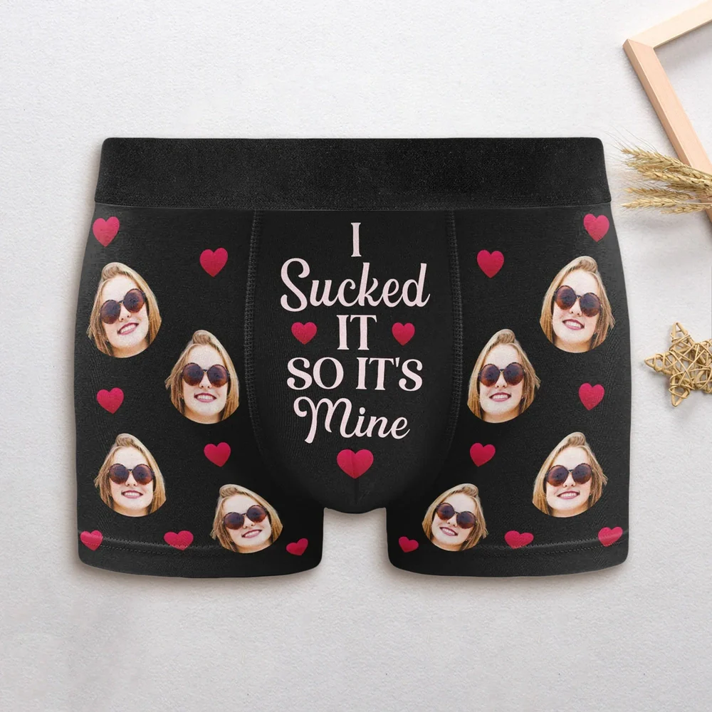 Personalized Photo Men's Boxer Briefs with Funny Love Quote, Black Heart Print, Unique Gift for Husband or Boyfriend
