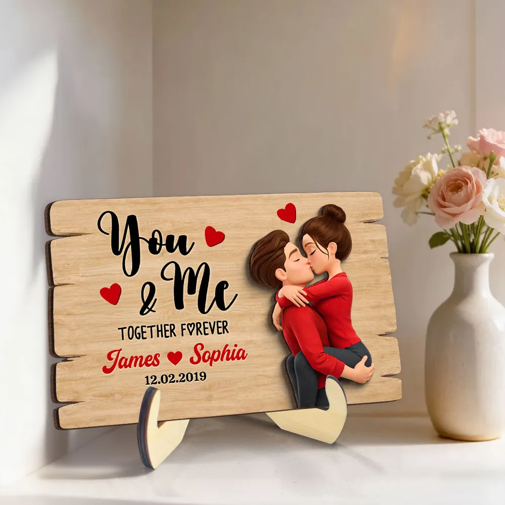 Personalized You & Me 2-Layer Wooden Plaque for Couple, Kissing Hug Design, Sweet Heart Gift for Him or Her - Image 2