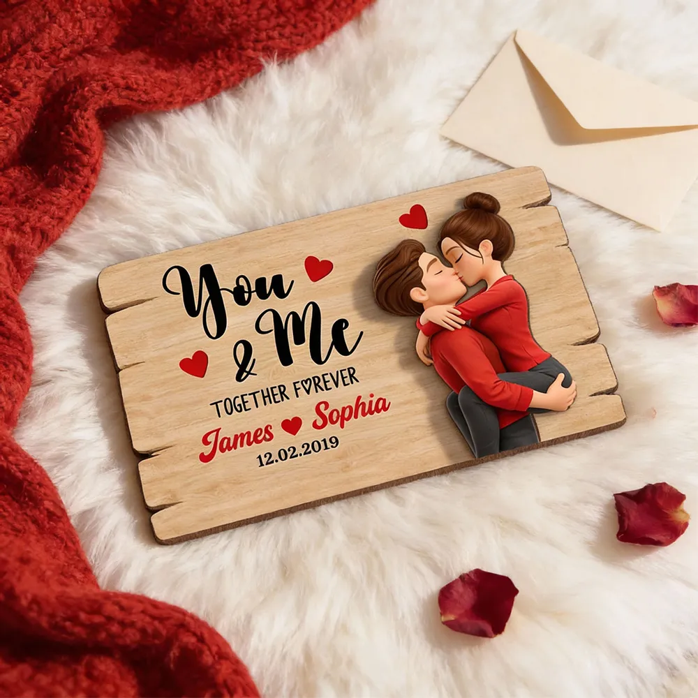 Personalized You & Me 2-Layer Wooden Plaque for Couple, Kissing Hug Design, Sweet Heart Gift for Him or Her - Image 4