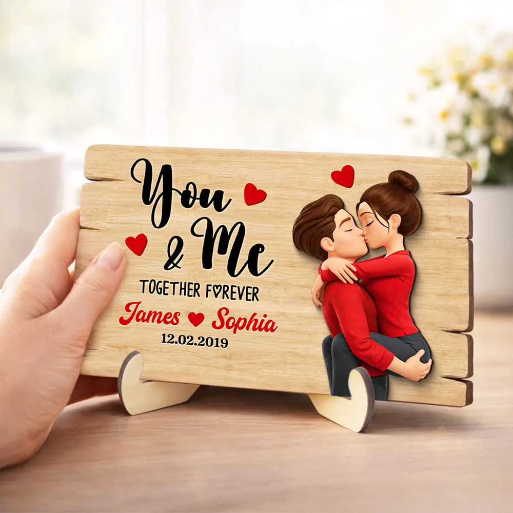 Personalized You & Me 2-Layer Wooden Plaque for Couple, Kissing Hug Design, Sweet Heart Gift for Him or Her - Image 5