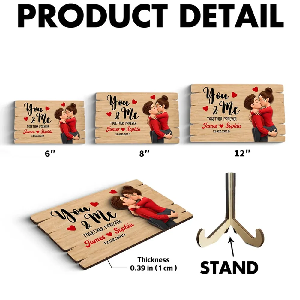 Personalized You & Me 2-Layer Wooden Plaque for Couple, Kissing Hug Design, Sweet Heart Gift for Him or Her - Image 8