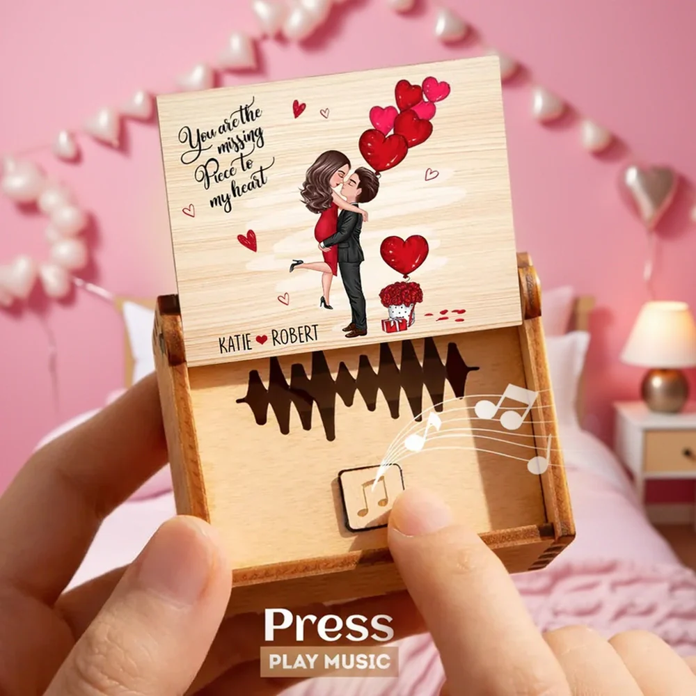 Personalized Wooden Music Box with Kissing Couple & Hearts Romantic Unique Gift for Him or Her