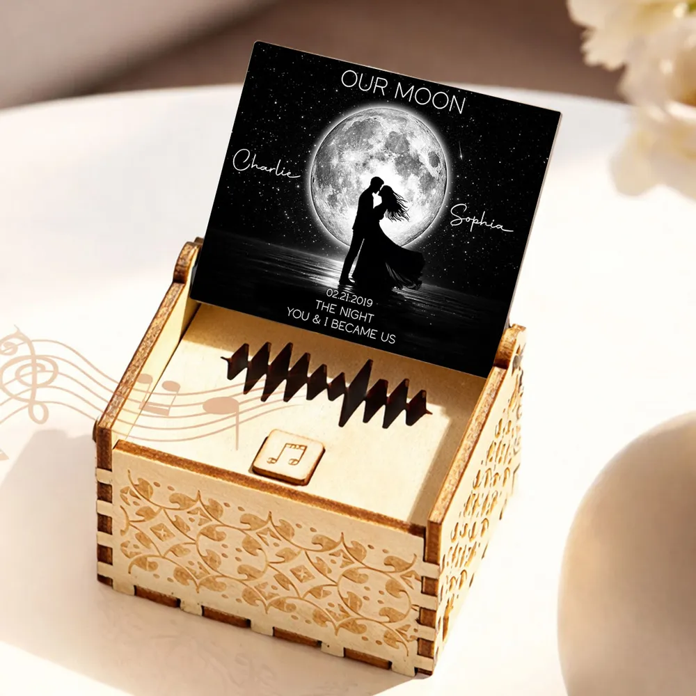 Personalized Wooden Music Box with Moonlit Kissing Couple Design, Unique Romantic Gift for Wife or Husband - Image 5