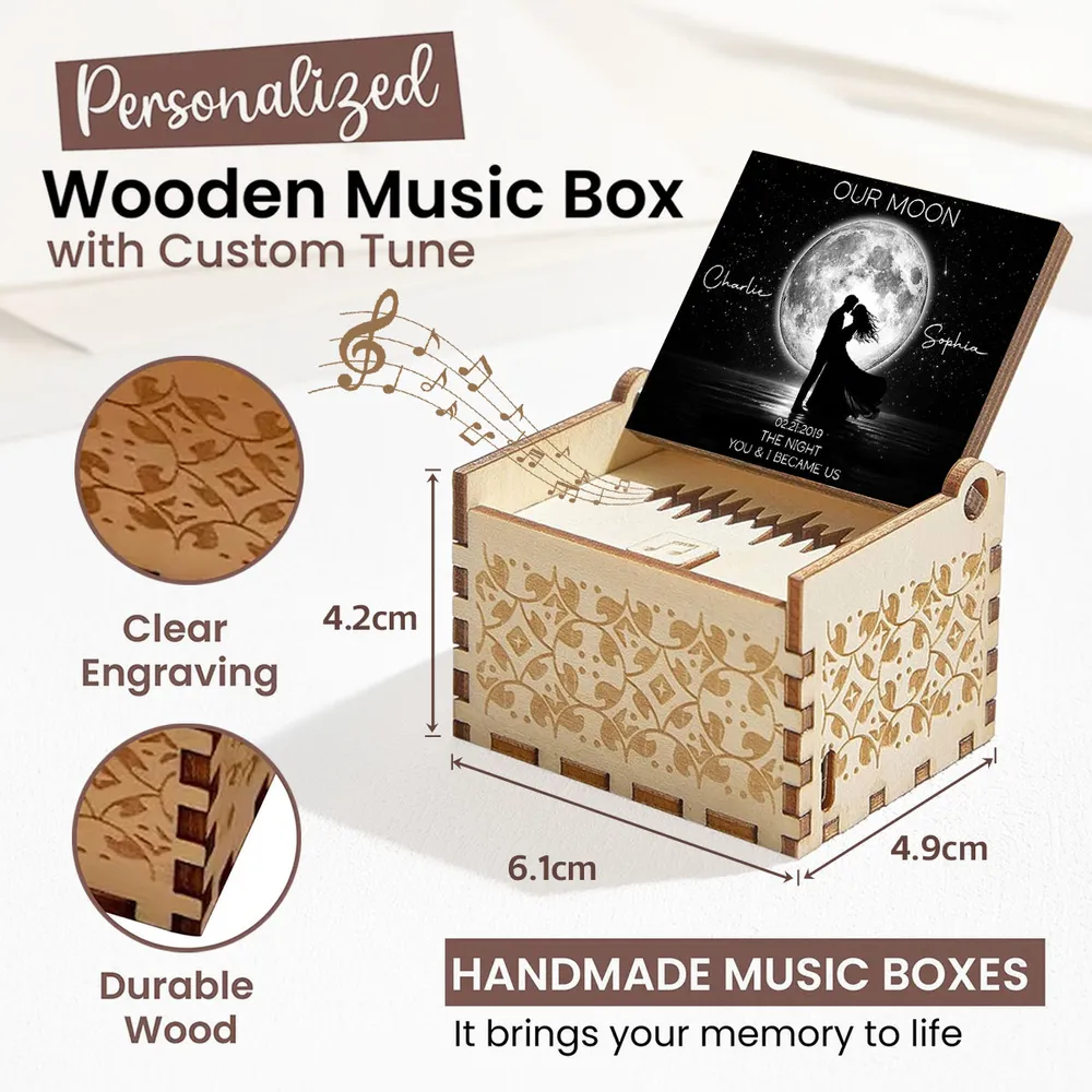 Personalized Wooden Music Box with Moonlit Kissing Couple Design, Unique Romantic Gift for Wife or Husband - Image 6