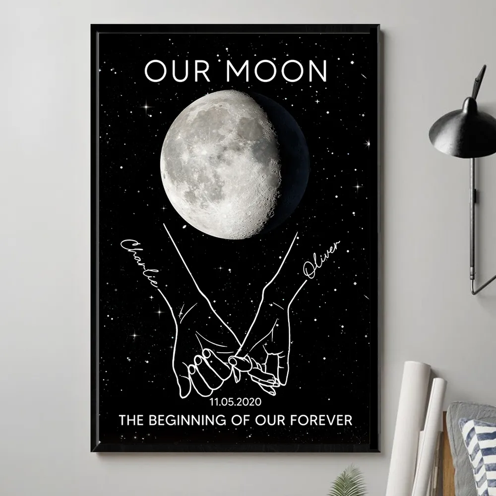 Personalized Moon Phase Couple Holding Hands Line Art Poster, Romantic Starry Night Wall Decor, Unique Gift - Image 7