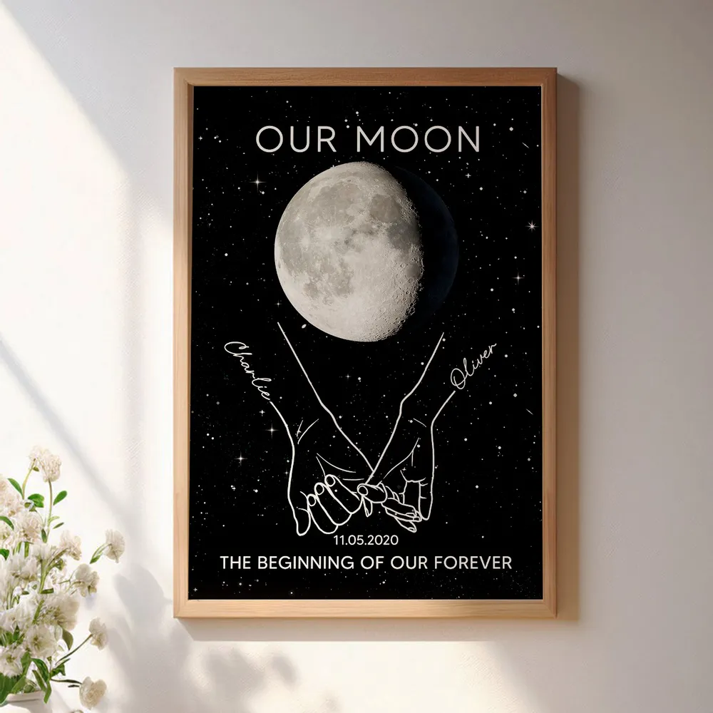 Personalized Moon Phase Couple Holding Hands Line Art Poster, Romantic Starry Night Wall Decor, Unique Gift - Image 9
