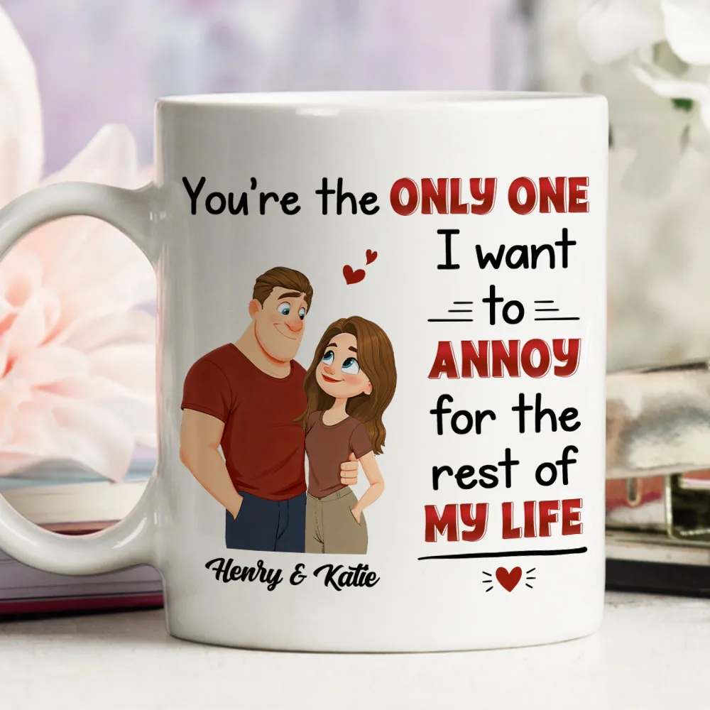 Personalized White Ceramic Mug with Cute Couple Illustration Funny Annoying Love Quote Unique Gift for Couples - Image 2