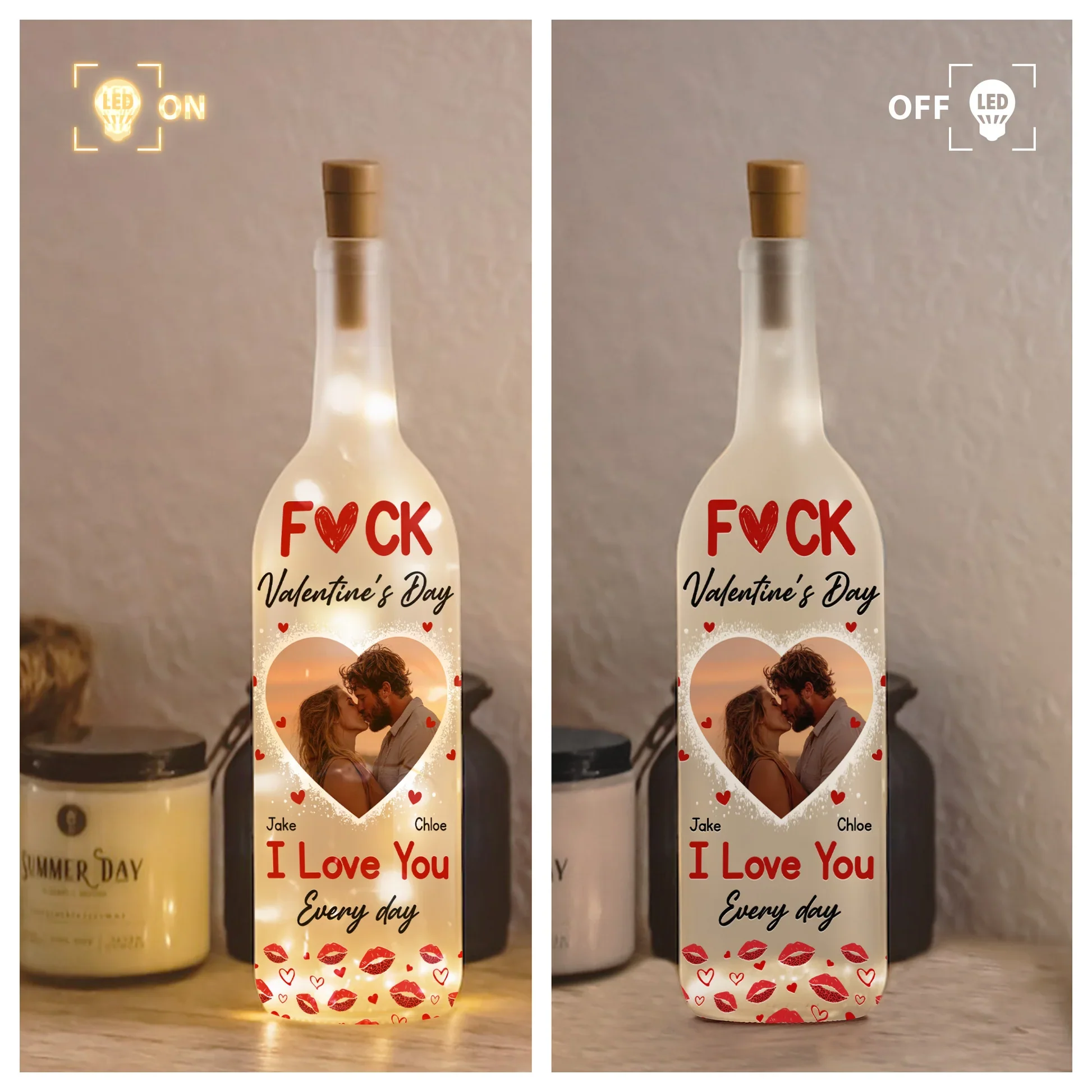 I Love You Every Day Photo Bottle Lamp, Heart Couple Kiss Warm Glow Decor, Unique Valentine's Day Gift - Image 3