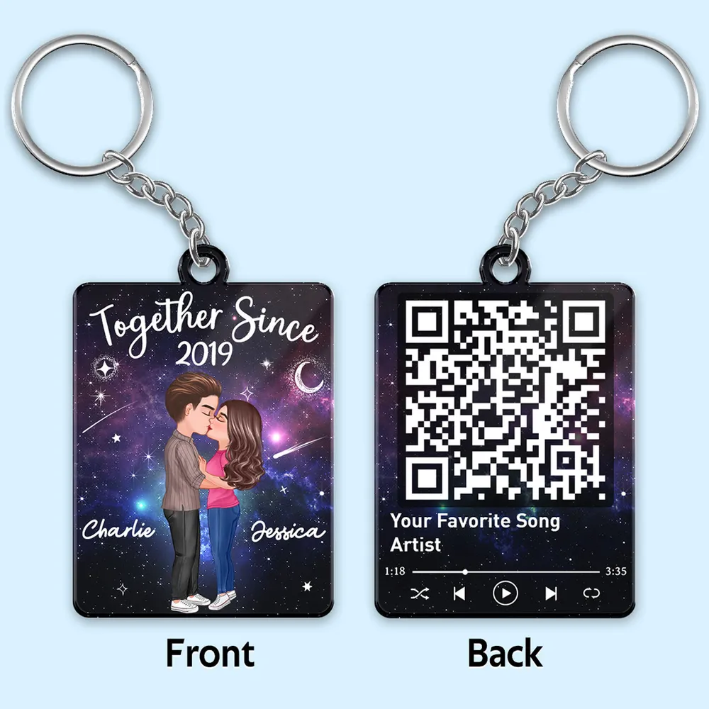 Acrylic Keychain Personalized with Starry Galaxy Kissing Couple and Favorite Song QR Code Style, Sweet Couple Gift for Her - Image 2