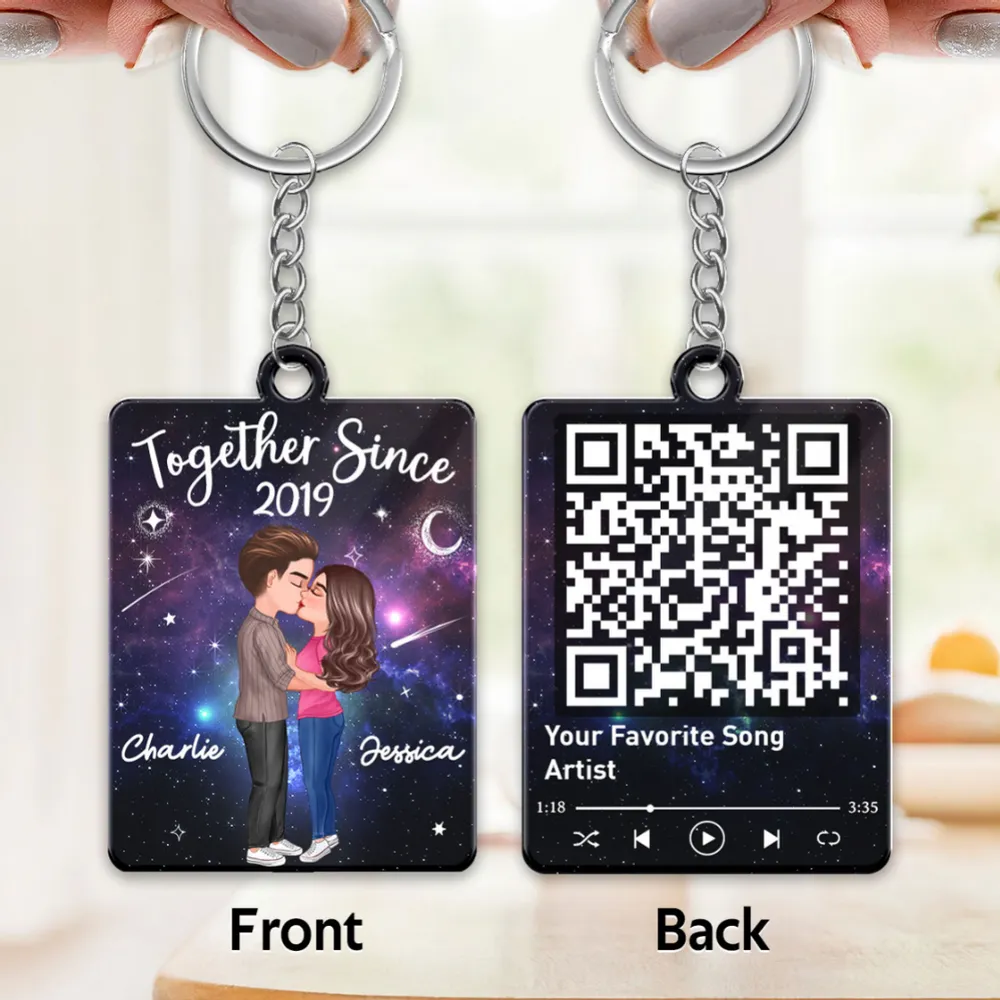 Acrylic Keychain Personalized with Starry Galaxy Kissing Couple and Favorite Song QR Code Style, Sweet Couple Gift for Her - Image 4