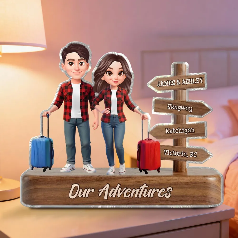 Personalized Couple Travel Shaped Acrylic Block Plaque With Suitcases And Signpost Shelf Decor Unique Gift For Travelers - Image 3