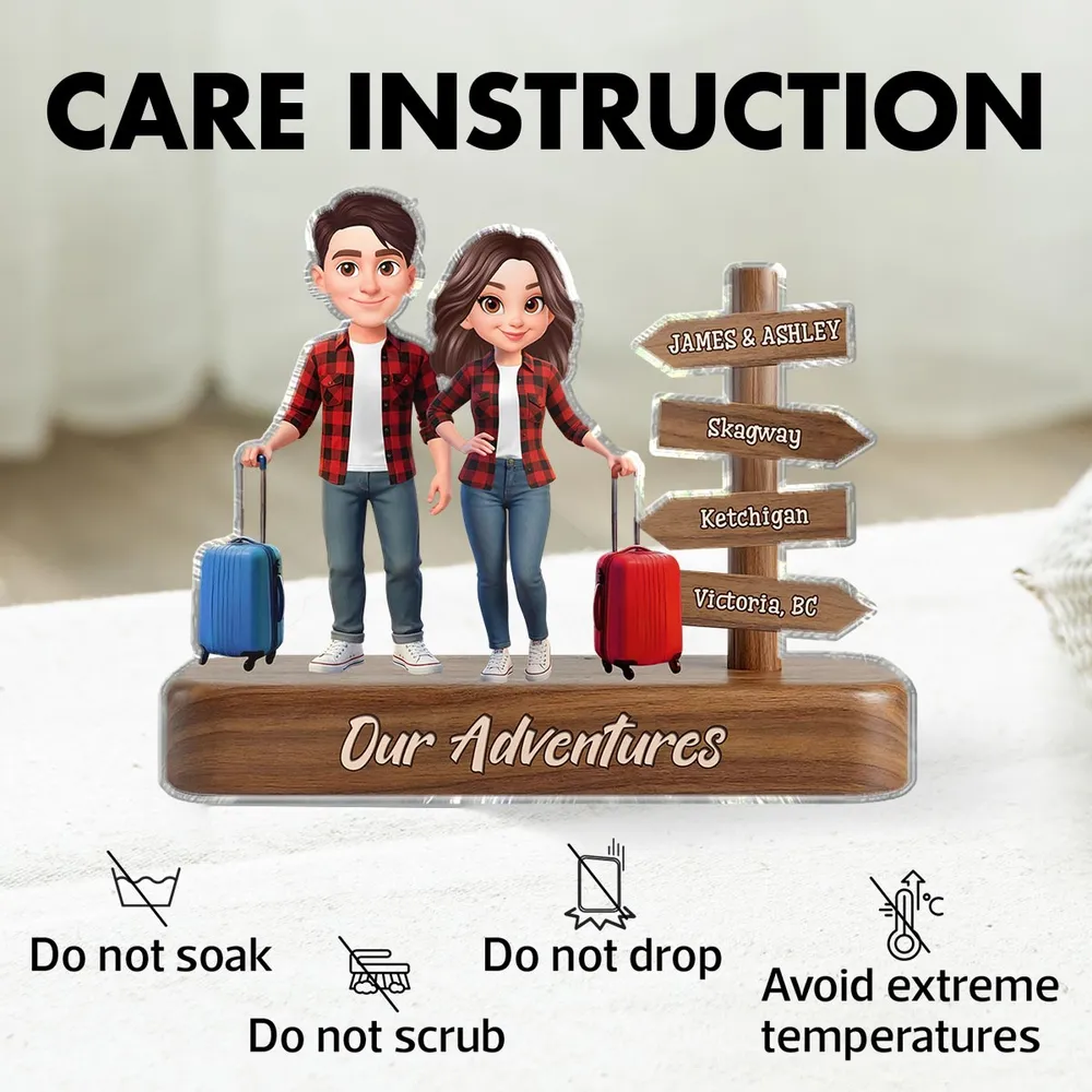 Personalized Couple Travel Shaped Acrylic Block Plaque With Suitcases And Signpost Shelf Decor Unique Gift For Travelers - Image 4