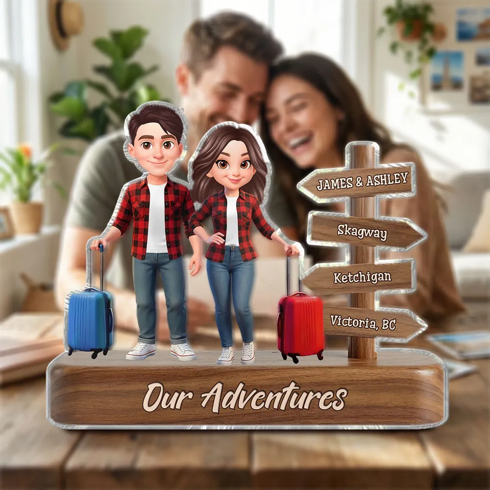Personalized Couple Travel Shaped Acrylic Block Plaque With Suitcases And Signpost Shelf Decor Unique Gift For Travelers - Image 6