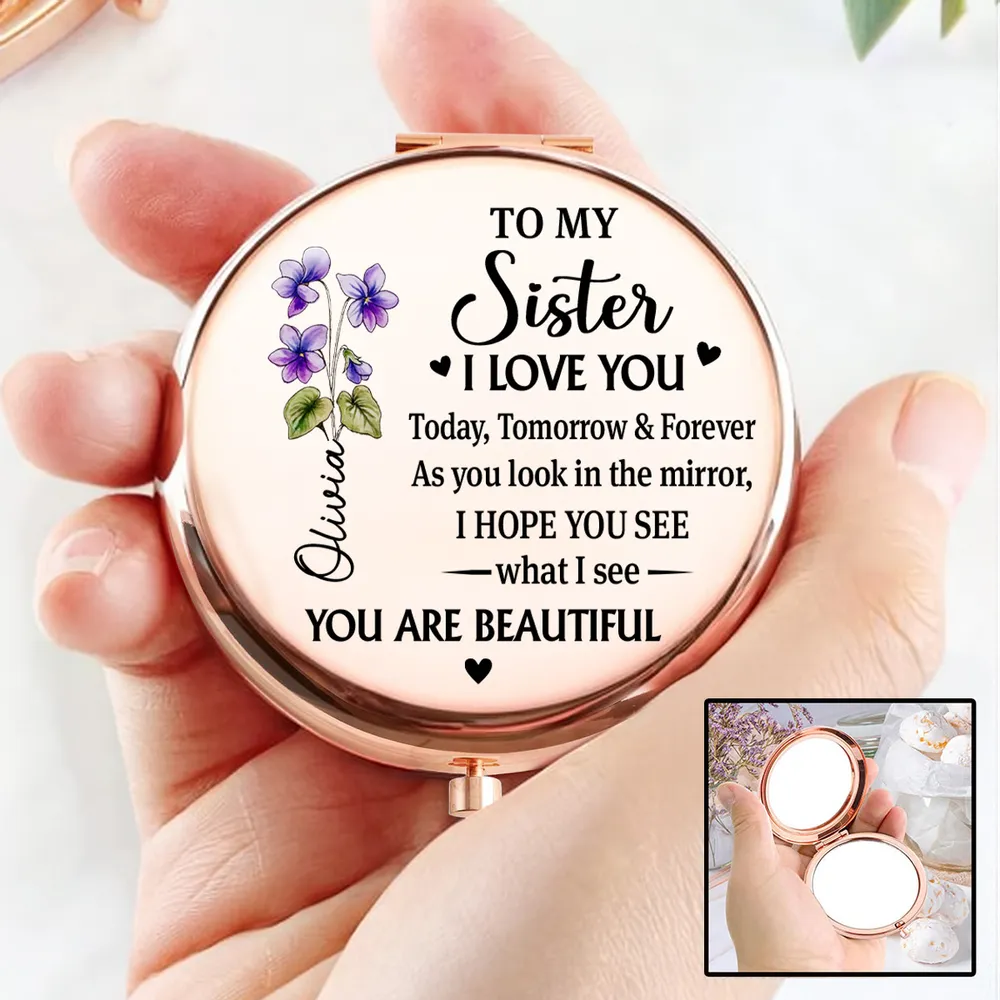 Personalized Metal Compact Mirror Sister Quote with Purple Flowers, Unique Everyday Purse Gift That Feels Heartwarming - Image 2