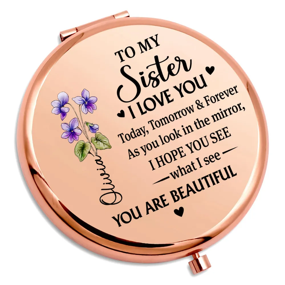 Personalized Metal Compact Mirror Sister Quote with Purple Flowers, Unique Everyday Purse Gift That Feels Heartwarming - Image 3
