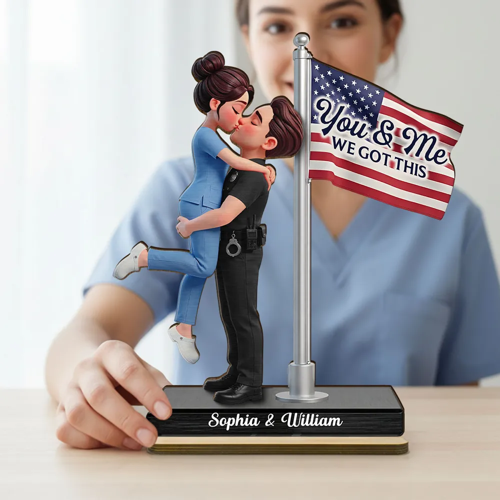 Personalized 2-Layer Wooden Plaque Hero Couple Kissing by US Flag You & Me We Got This Unique Gift for Him or Her - Image 6