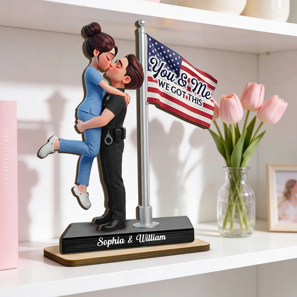 Personalized 2-Layer Wooden Plaque Hero Couple Kissing by US Flag You & Me We Got This Unique Gift for Him or Her - Image 7
