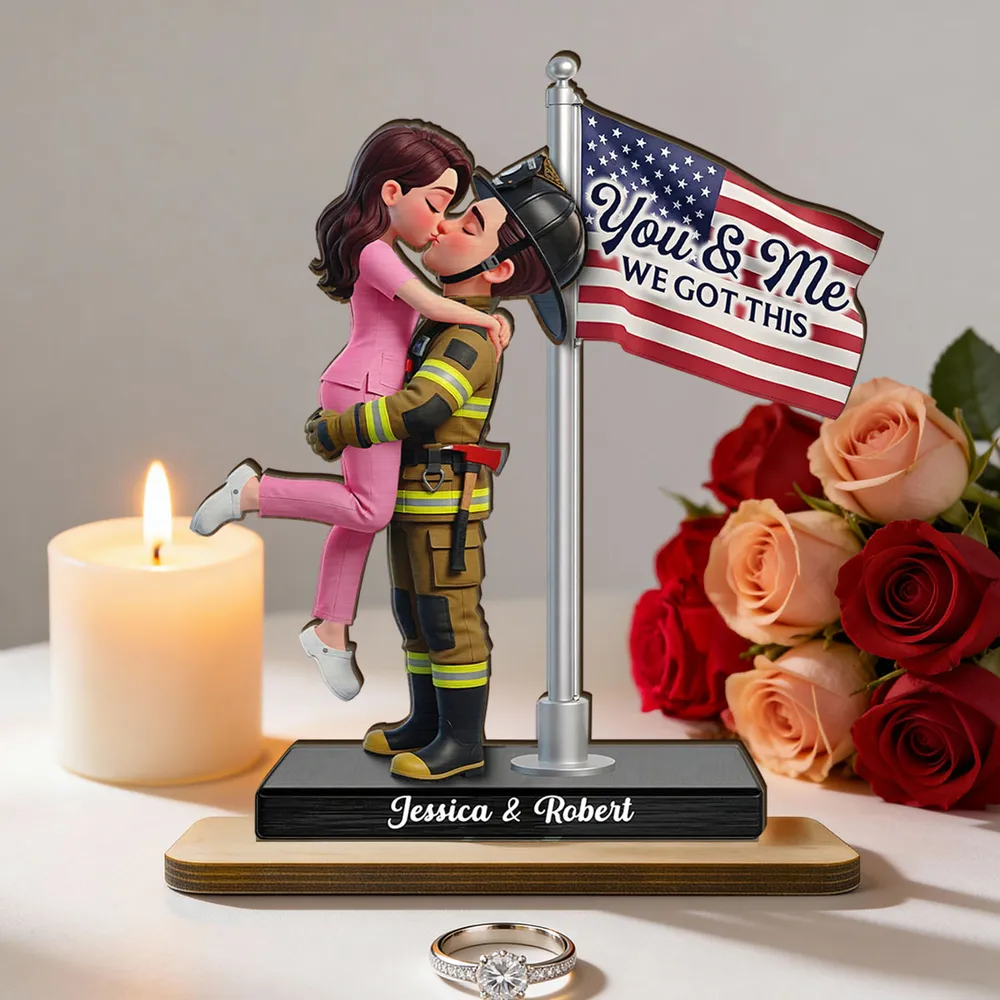 Personalized 2-Layer Wooden Plaque Hero Couple Kissing by US Flag You & Me We Got This Unique Gift for Him or Her - Image 8
