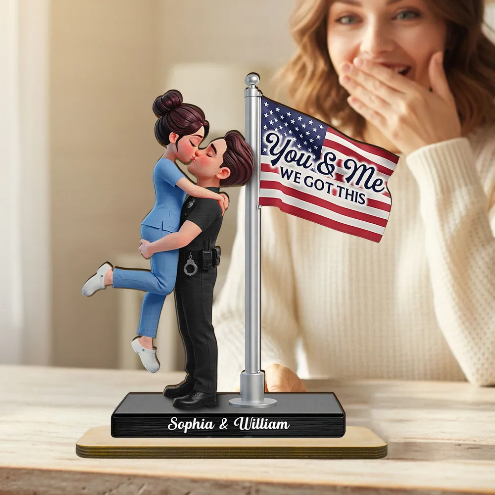 Personalized 2-Layer Wooden Plaque Hero Couple Kissing by US Flag You & Me We Got This Unique Gift for Him or Her - Image 9