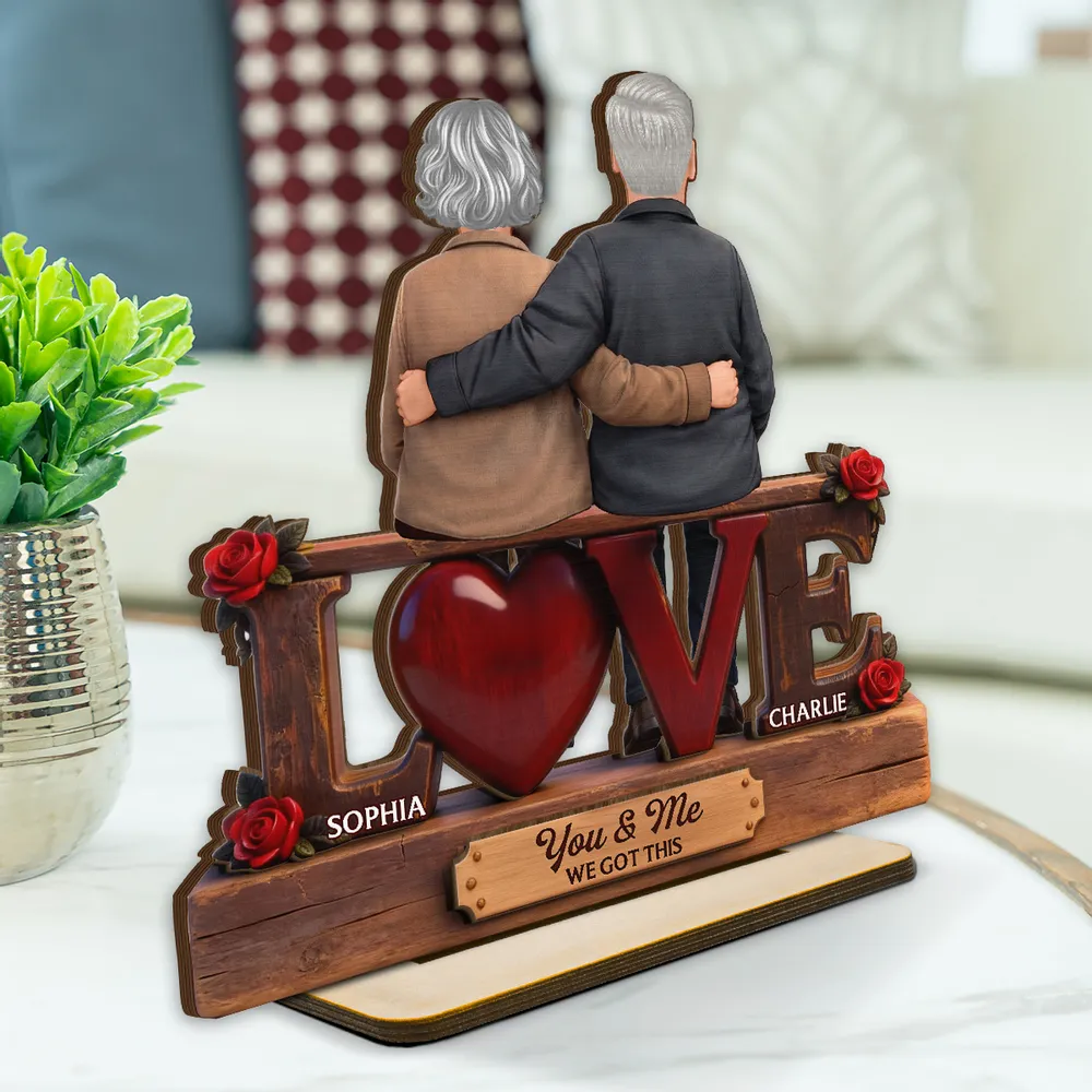 Personalized 2-Layer Wooden Plaque LOVE Couple Hugging Back View, Heartwarming Living Room Display, Unique Gift For Him & Her - Image 2